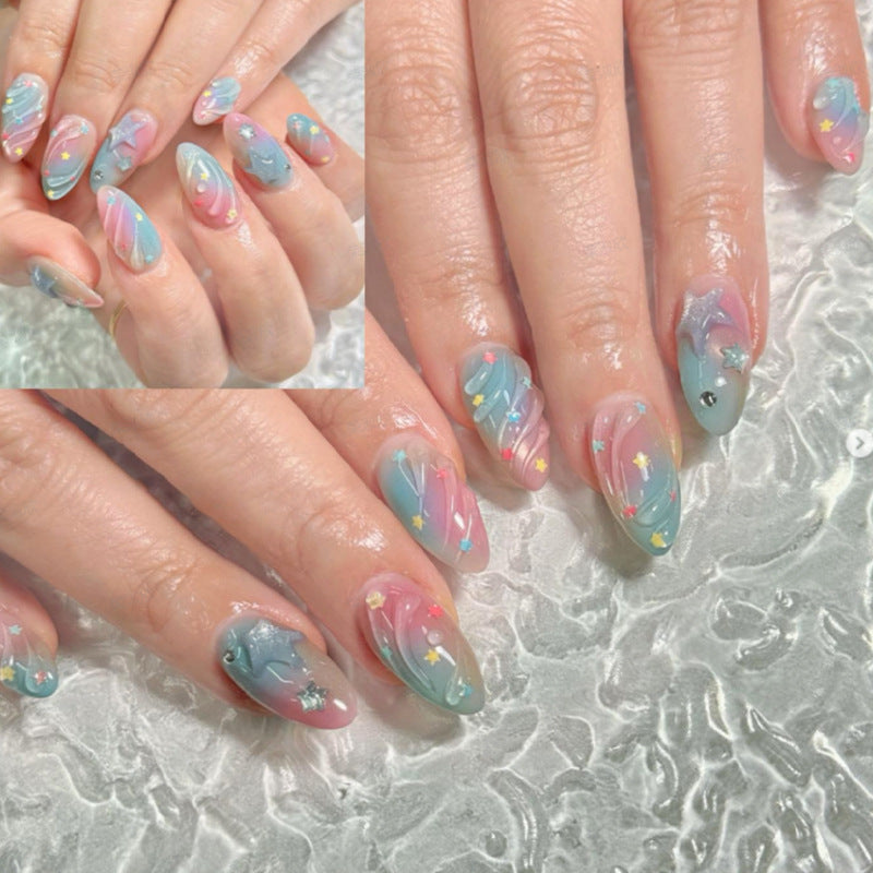 Artistic Press-On Nail Set with Star and Wave Design Bowlift