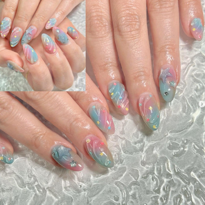 Artistic Press-On Nail Set with Star and Wave Design Bowlift