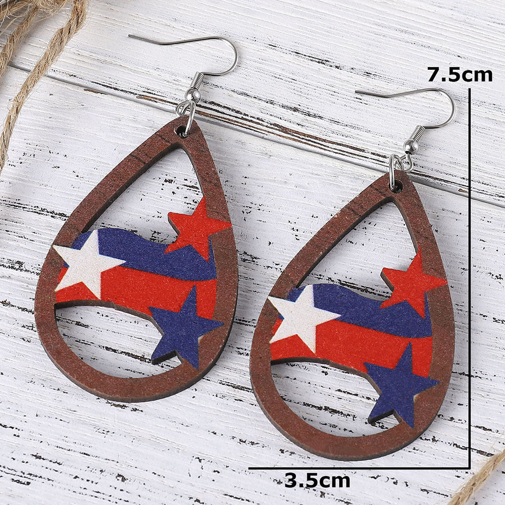 Women's nan patriotic teardrop wooden dangle earrings with star stripe cutout Bowlift