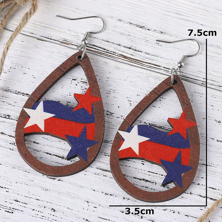 Ladies' nan teardrop-shaped wooden earrings with multi-layer star and stripe appliqué and nickel-free ear hooks Bowlift