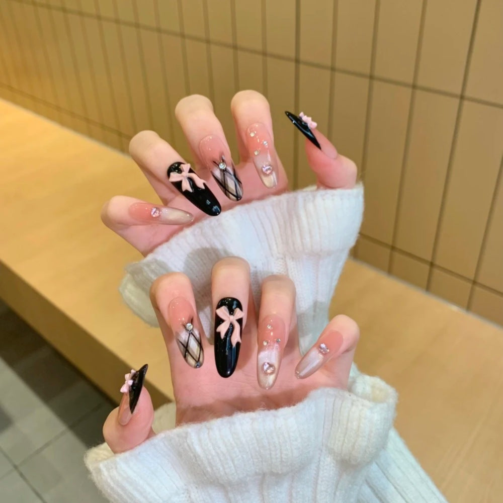 Artistic Press-On Nail Set with Creative Bow and Gemstone Accents Bowlift