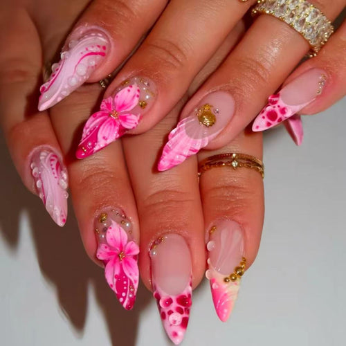 Floral Enamel Pointed Nail Art Extensions Bowlift