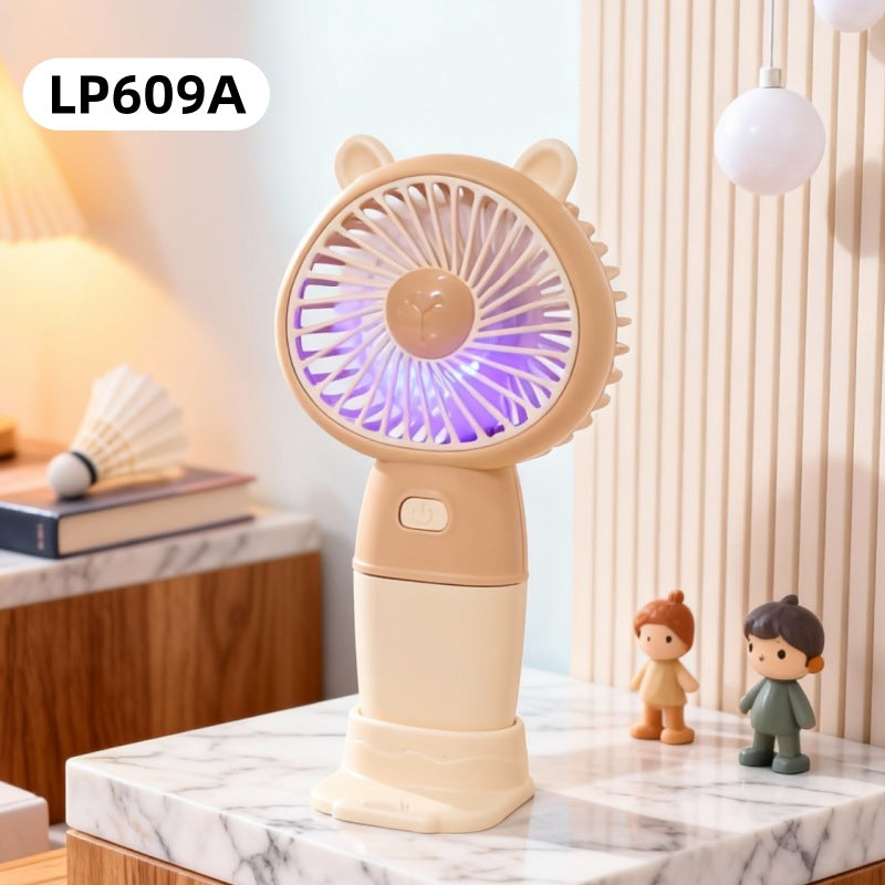 Ladies portable hand fan with LED light and creative animal ears bowlift