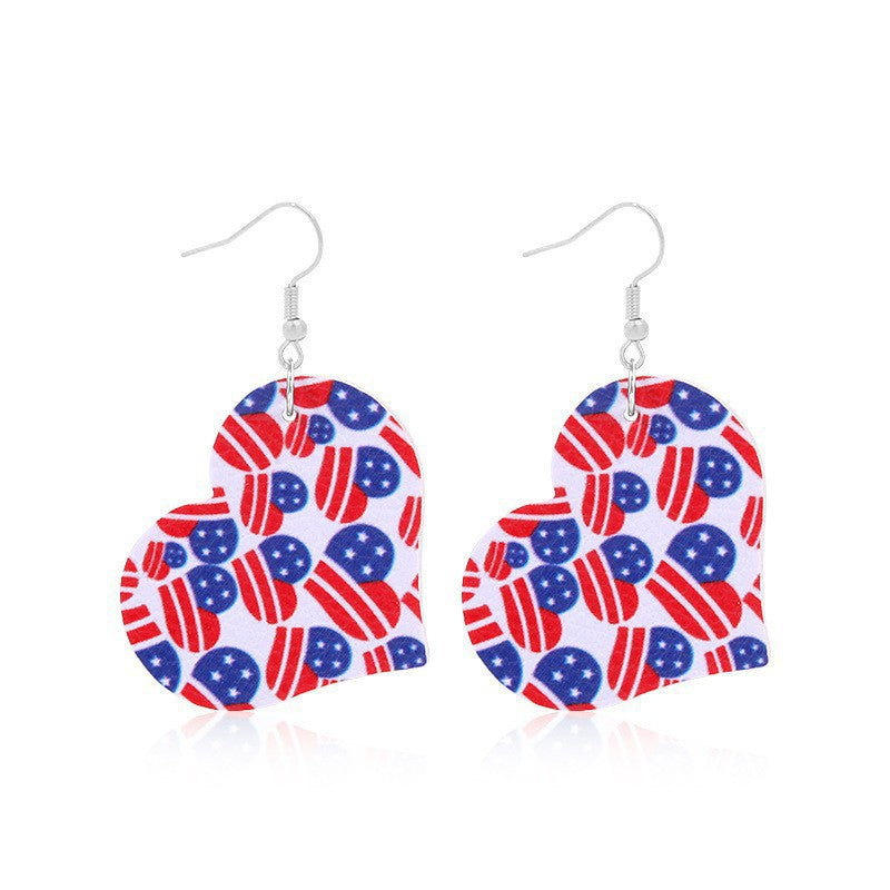 Women heart-shaped drop earrings with patriotic flag print and nickel-free hooks Bowlift