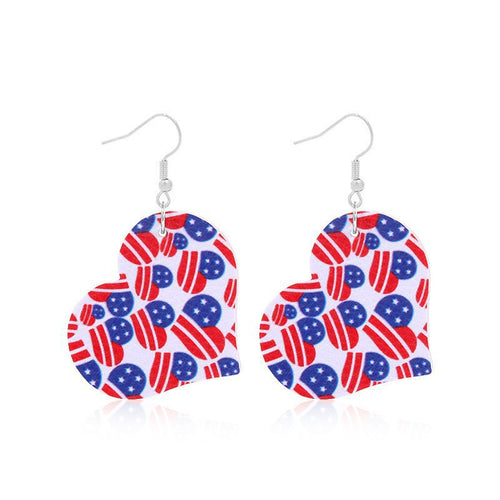 Women heart-shaped drop earrings with patriotic flag print and nickel-free hooks Bowlift