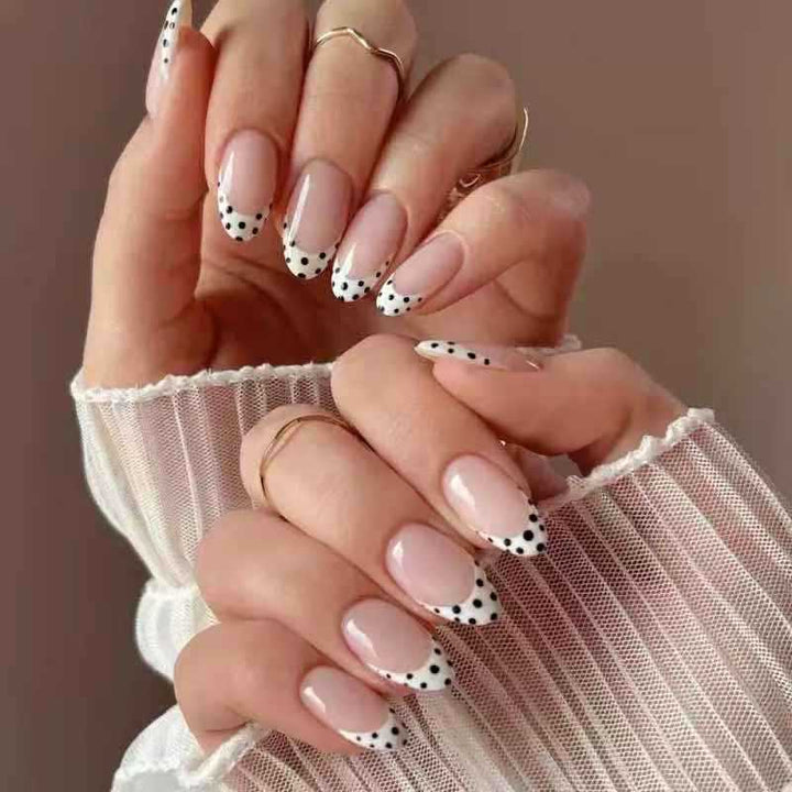 Acrylic Nail Set with Elegant French Design and Creative Dot Accents Bowlift