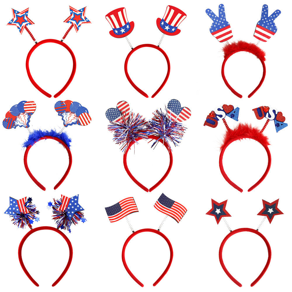 Unisex nan eye-catching party headband with attached pom poms, star tinsel, and small flag pendants Bowlift