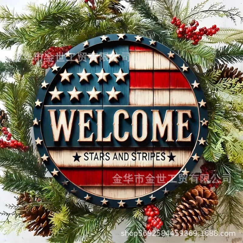 Independence Day rustic round wooden patriotic cross wall plaque with floral accents and God Bless America banner Bowlift