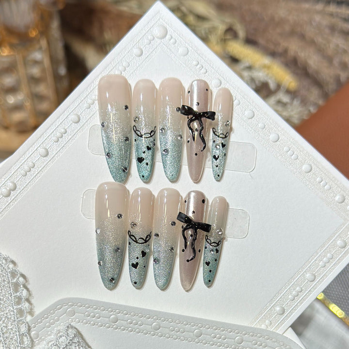Elegant Stiletto Press-On Nail Set with Rhinestone and Bow Accents Bowlift