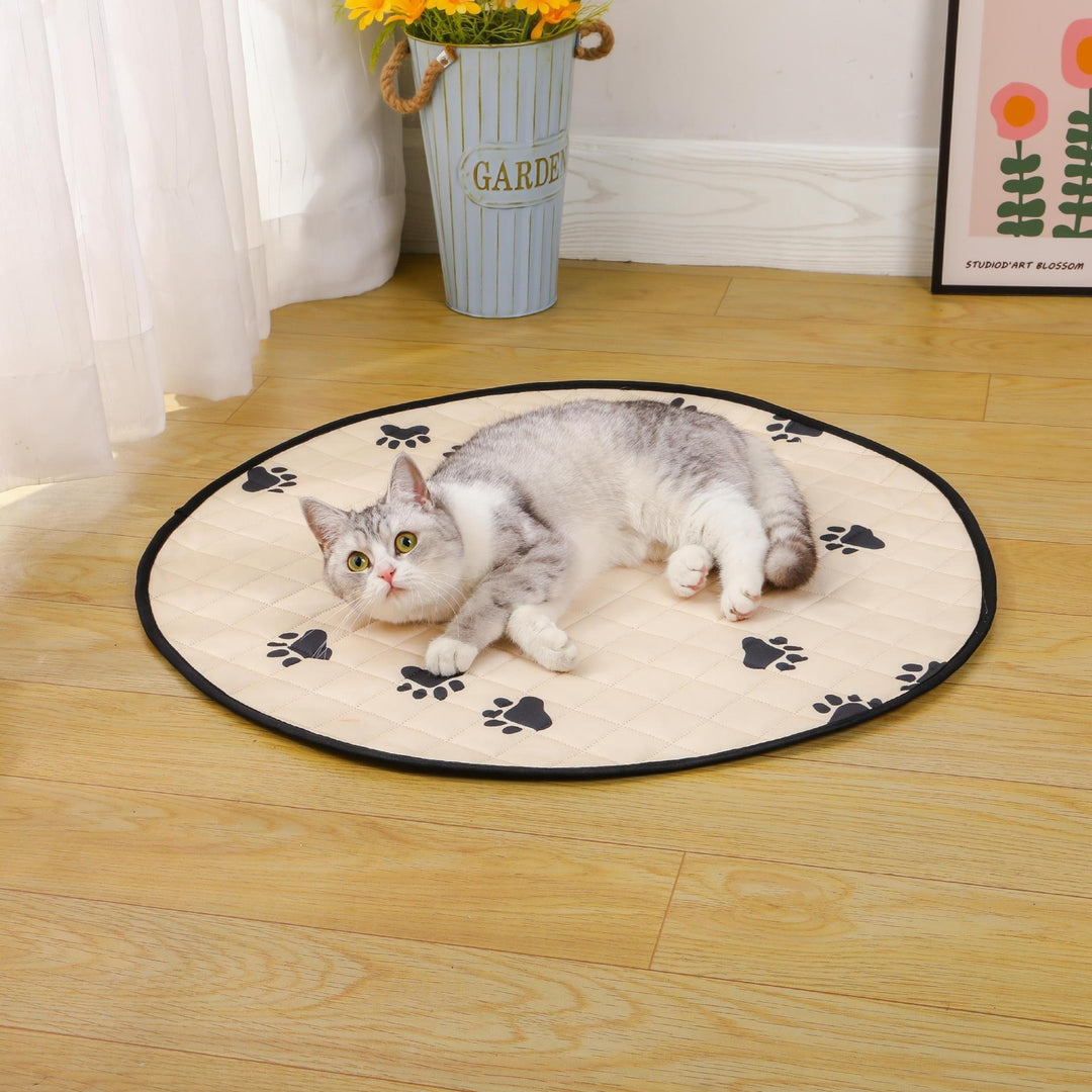 Round Quilted Pet Mat With Paw-Print Non-Slip Underside Bowlift