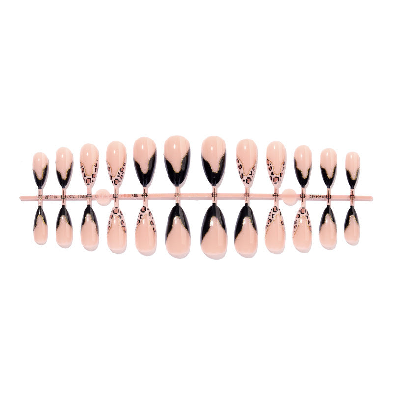 Stiletto Press-On Nail Set with Creative Leopard and Glossy Black Accents Bowlift