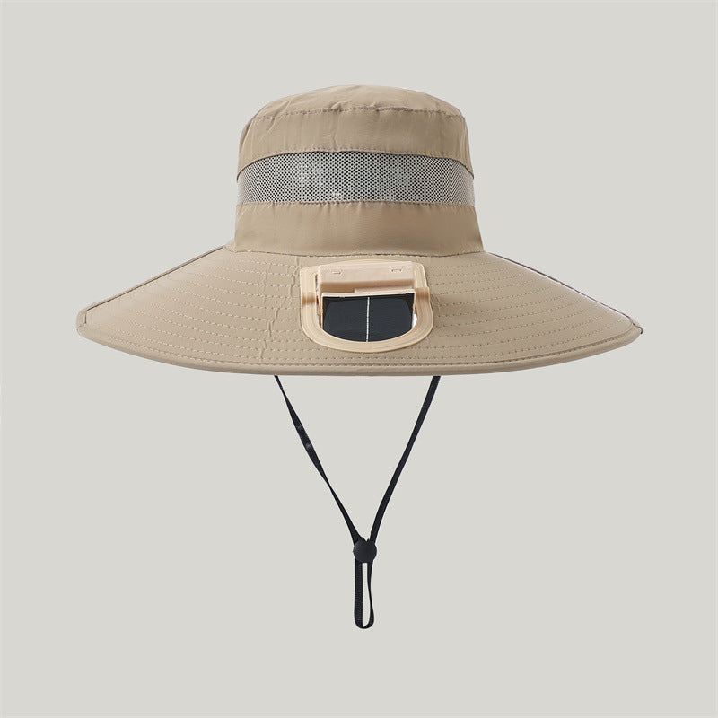 wide-brimmed outdoor sun hat with solar module, quiet mini fan, and adjustable chin strap Bowlift