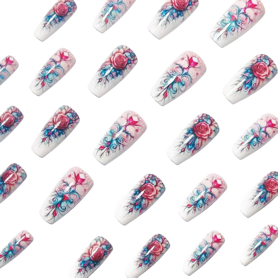 Elegant rose design artificial nails with glitter accents Bowlift