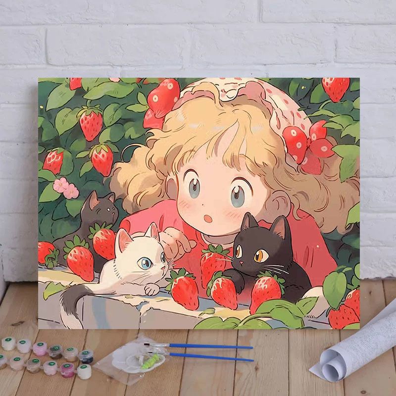 Cartoon Cat and Girl Themed Canvas Paint by Numbers Art Kit Bowlift