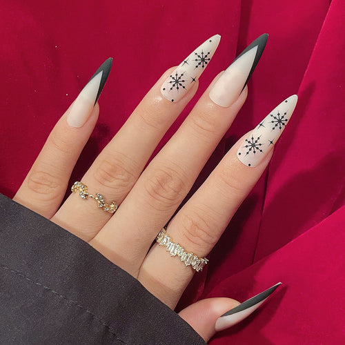 Long Stiletto Press-On Nail Art with Snowflake Design Bowlift