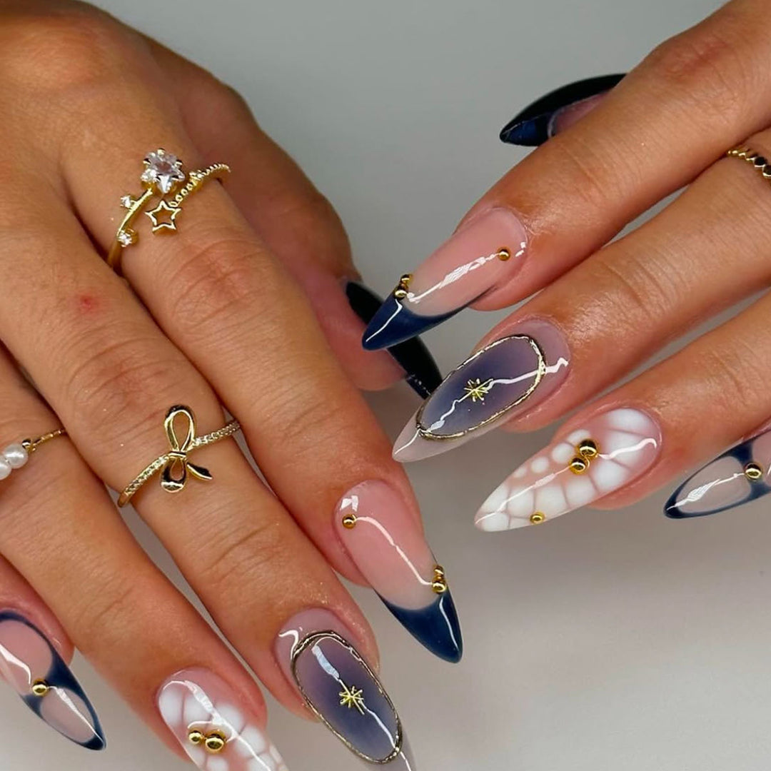 Premium Artistic Stiletto Press-On Nails with Gold Accents Bowlift