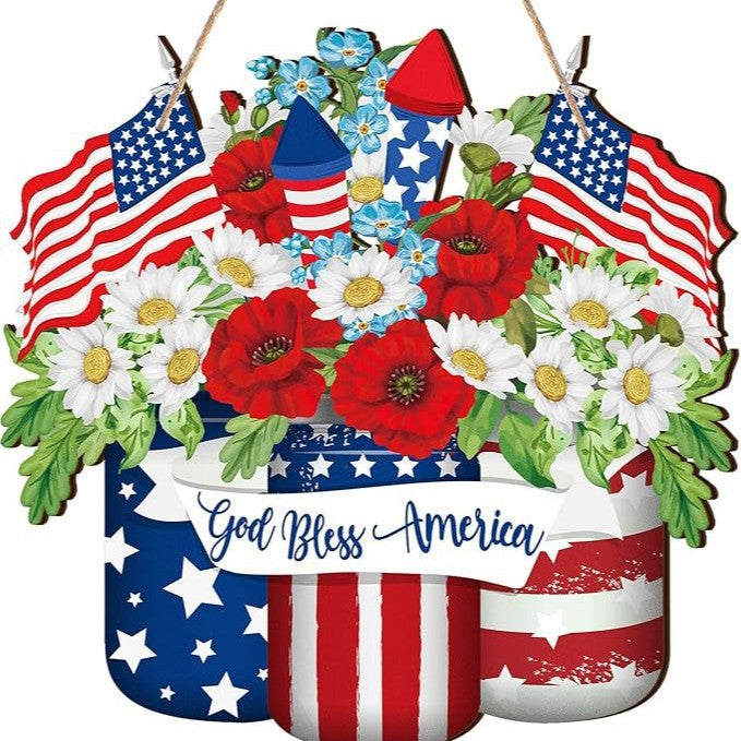 Unisex nan patriotic layered wooden door hanger with American flag buckets and floral bouquet Bowlift