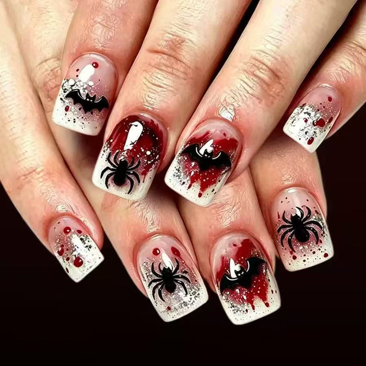 Halloween Fake Nail Set with Stylish Spider Web and Vampire Designs Bowlift