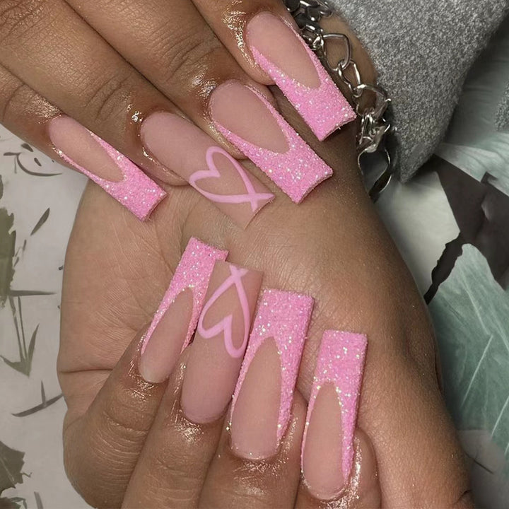 Glittery Heart-Design Long Press-On Nails Bowlift