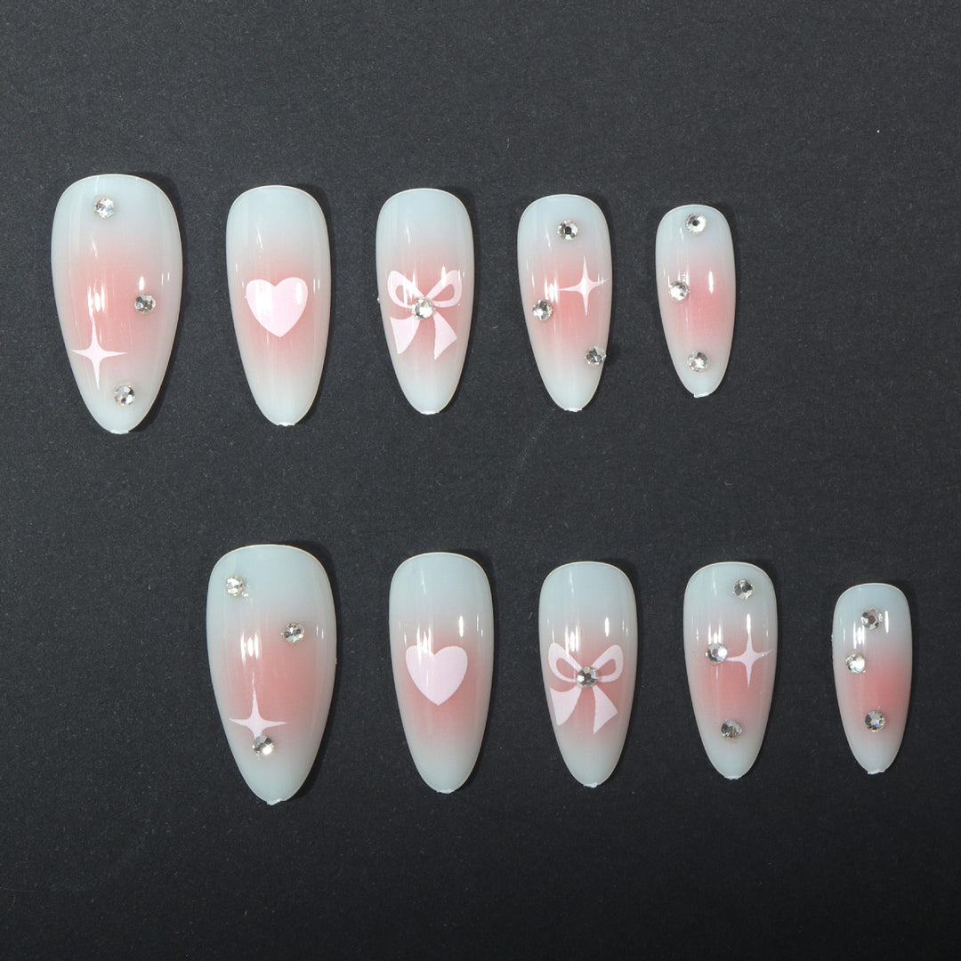 Decorative Press-On Nail Art Set with Bow and Heart Accents Bowlift