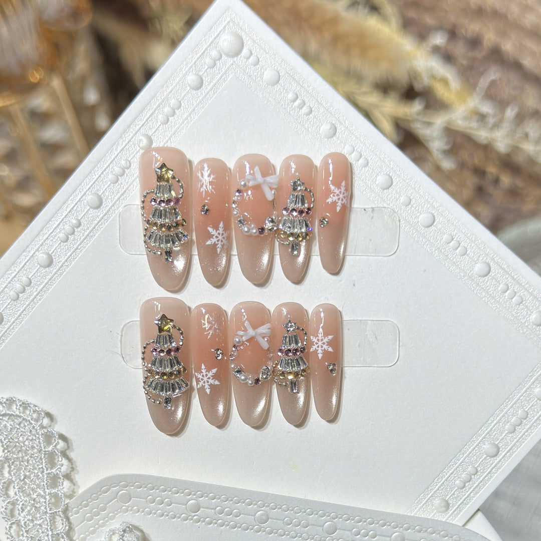 Decorative Stiletto Press-On Nail Art Set with Snowflake and Gemstone Accents Bowlift