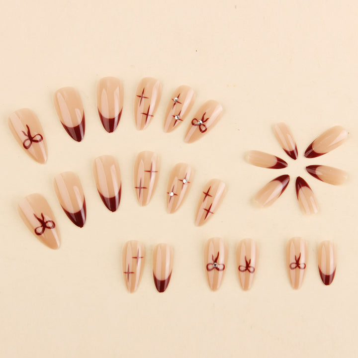 Artistic Press-On Nail Art Set with Decorative Bow and Crystal Accents Bowlift