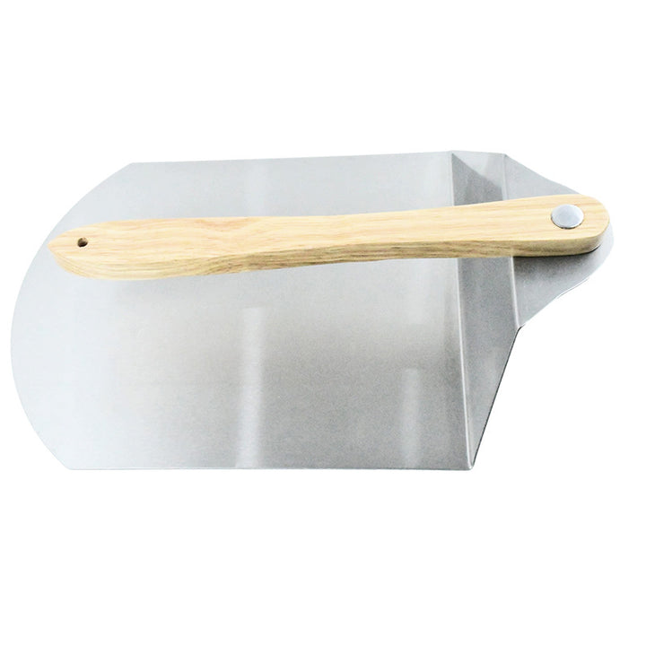 large round stainless steel pizza paddle with beveled edge and full-length wooden handle Bowlift