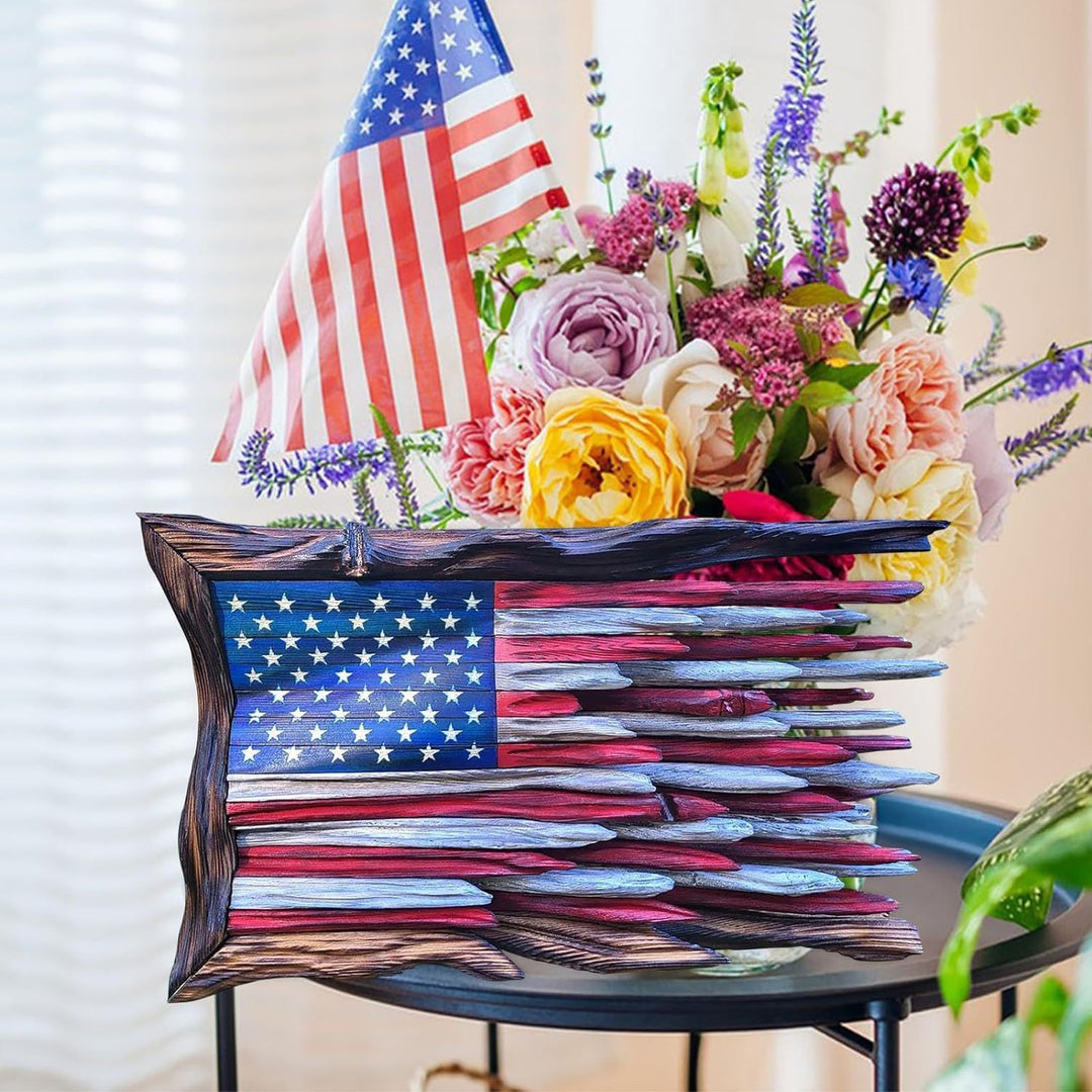Unisex nan reclaimed wooden American flag wall sculpture with layered driftwood planks and rustic charred frame Bowlift