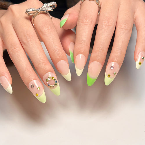 Artificial nail art with spring-like design and sparkling accents Bowlift