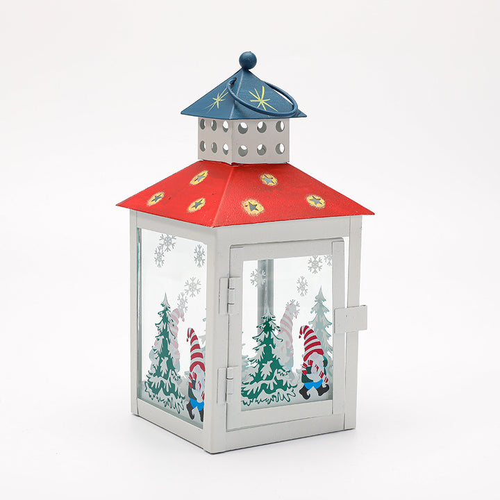 Decorative Holiday Tea Light Lantern with Glass Pane Gnome & Pine Motif Bowlift