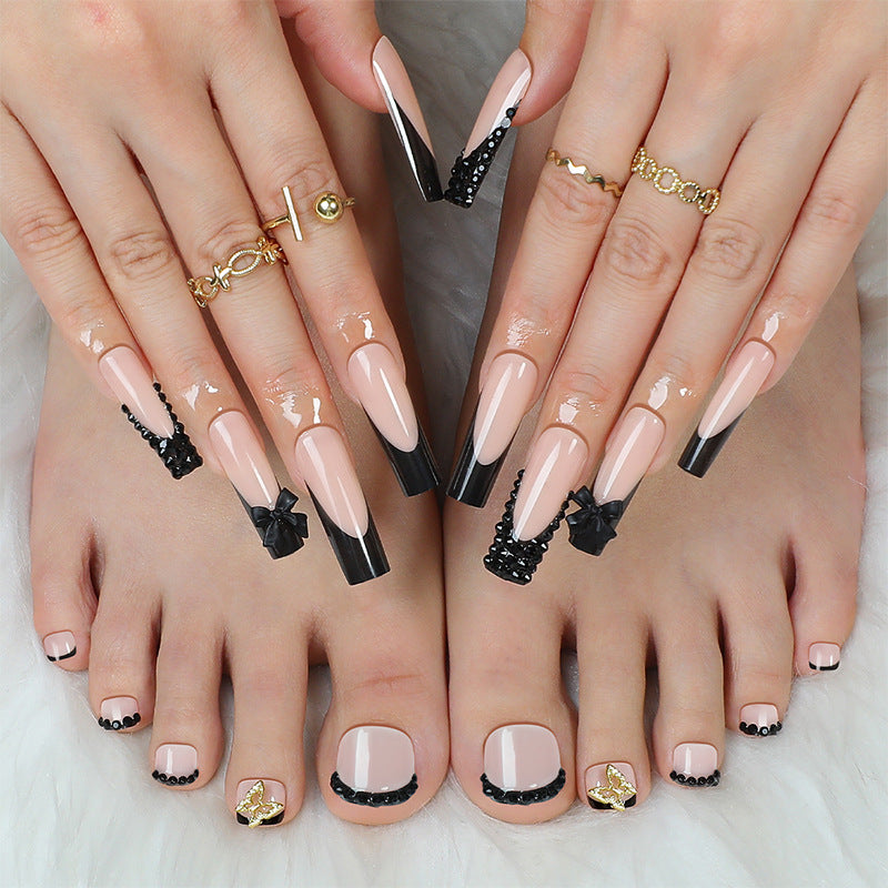 Elegant Press-On Nail Art Set with Decorative Bows and Crystal Accents Bowlift