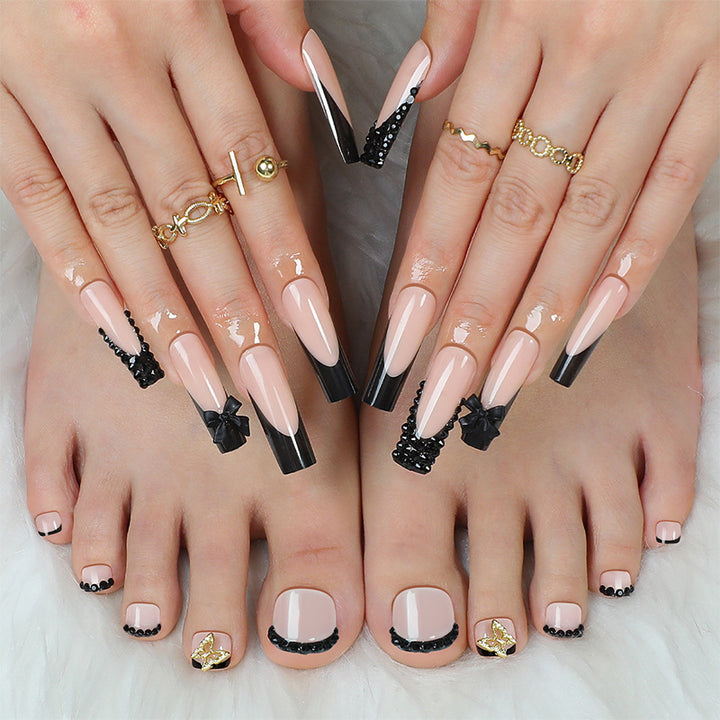 Elegant Press-On Nail Art Set with Decorative Bows and Crystal Accents Bowlift