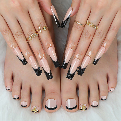 Elegant Press-On Nail Art Set with Decorative Bows and Crystal Accents Bowlift