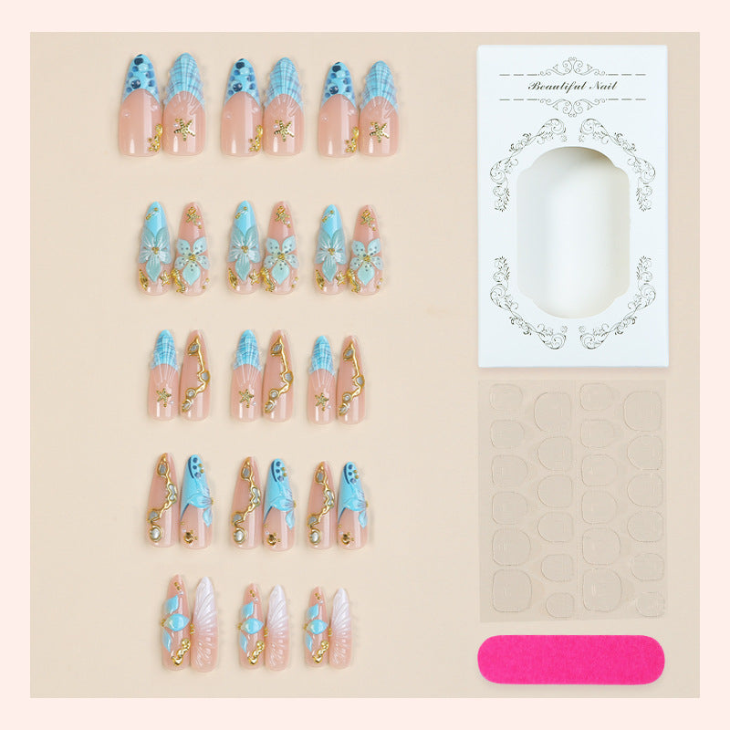Premium Artistic Press-On Nail Set with Decorative Ocean-Inspired Designs Bowlift