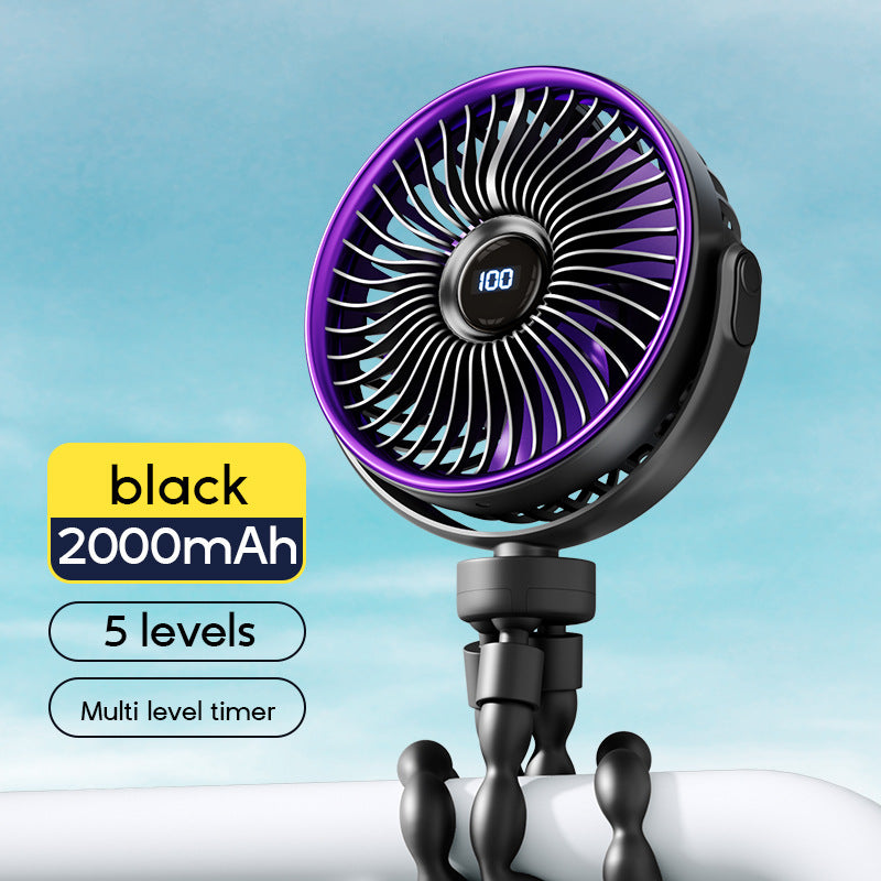 Unisex portable rechargeable clip fan with digital display, flexible clamp and multi-stage speed control Bowlift