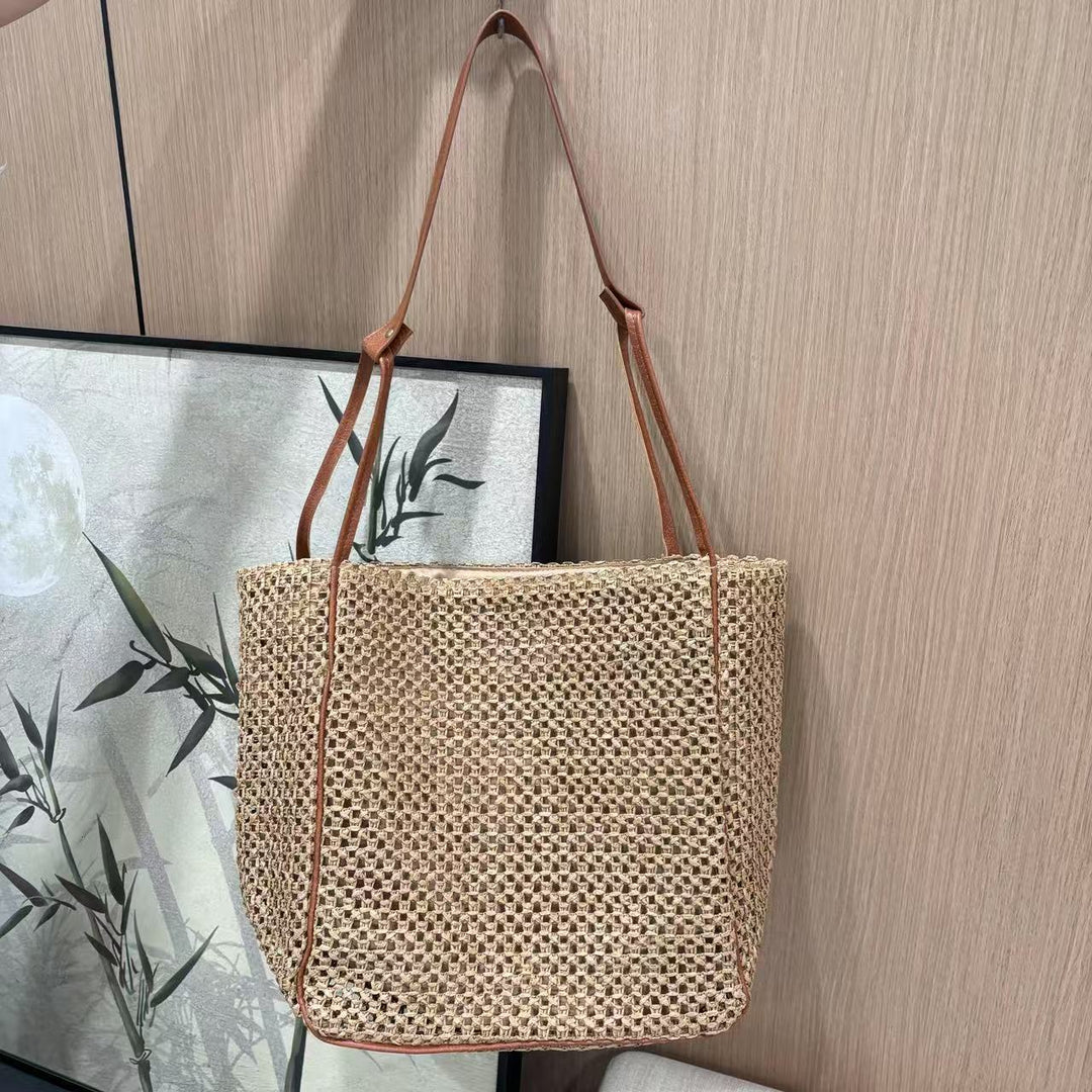 Fashionable mesh tote bag with leather handles Bowlift