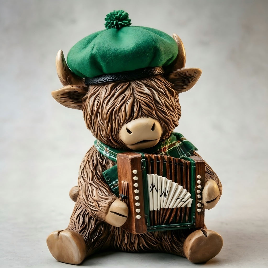 Decorative Highland Cattle Figure with Accordion Bowlift