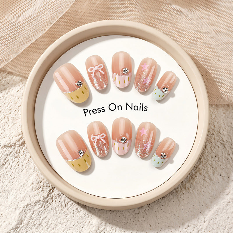Decorative Press-On Nail Set with Star and Bow Designs Bowlift