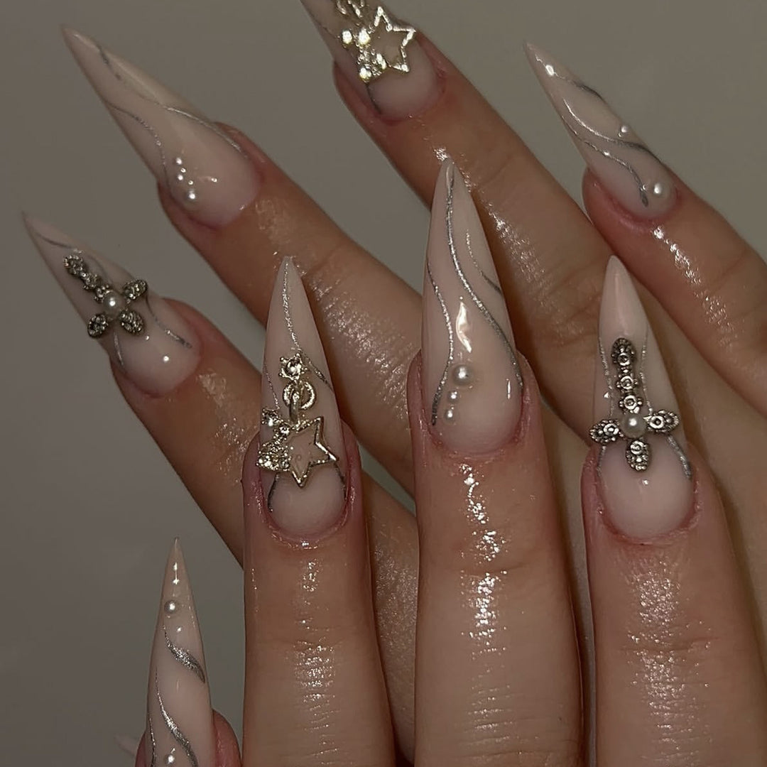 Stiletto Acrylic Nail Art Extensions with Decorative Accents Bowlift