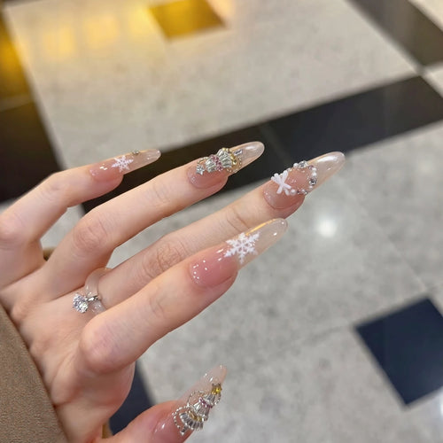 Decorative Stiletto Press-On Nail Art Set with Snowflake and Gemstone Accents Bowlift