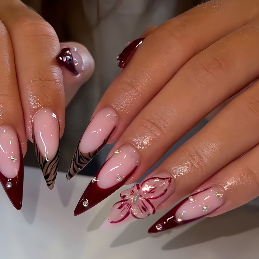 Elegant Stiletto Press-On Nail Art Set with Floral and Geometric Designs Bowlift