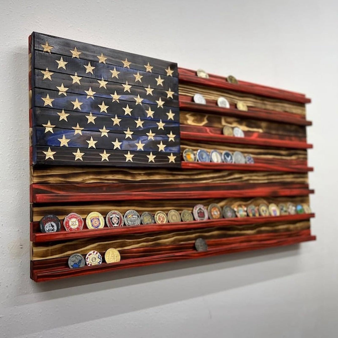 Unisex nan wall showcase for challenge coins in flag design made of rustic solid wood Bowlift