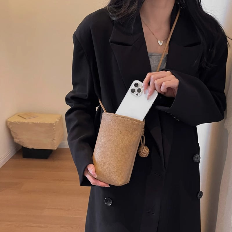 Pebbled Leather Mini Crossbody Phone Pouch with Knotted Strap Bowlift