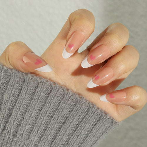 Elegant Heart-Accent French Tip Press-On Nails Bowlift
