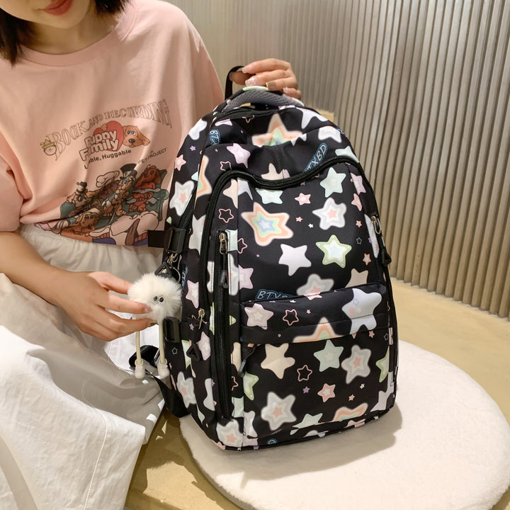 Backpack with Colorful Star Motif and Multifunctional Compartments Bowlift