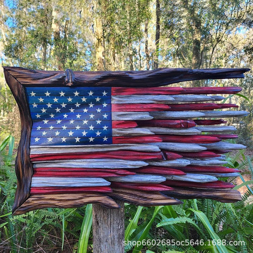 Unisex nan reclaimed wooden American flag wall sculpture with layered driftwood planks and rustic charred frame Bowlift