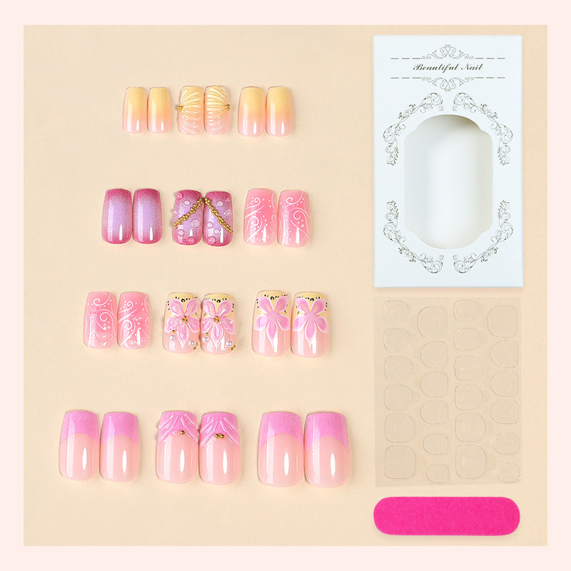 Premium Artistic Press-On Nail Set with Decorative Floral Elements Bowlift