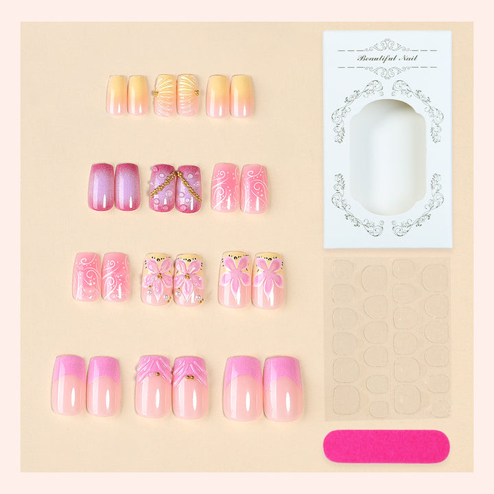 Premium Artistic Press-On Nail Set with Decorative Floral Elements Bowlift