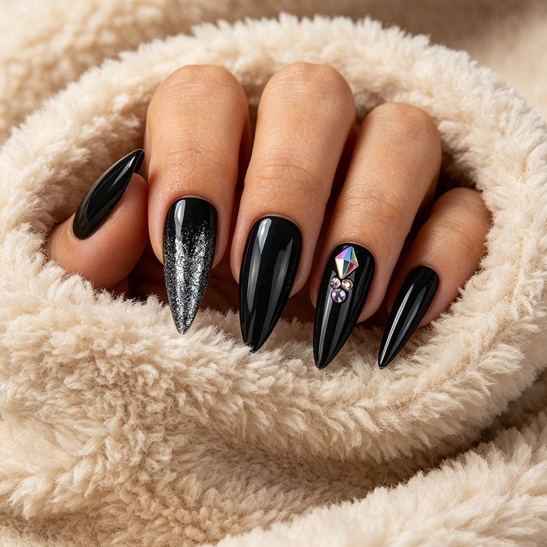 Stiletto Press-On Nail Set with Glitter and Gem Accents Bowlift