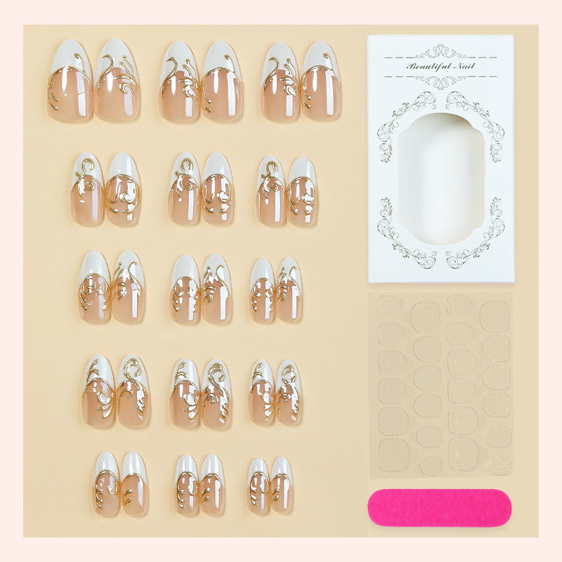 Elegant Press-On Nail Art Set with Decorative Gold Accents Bowlift